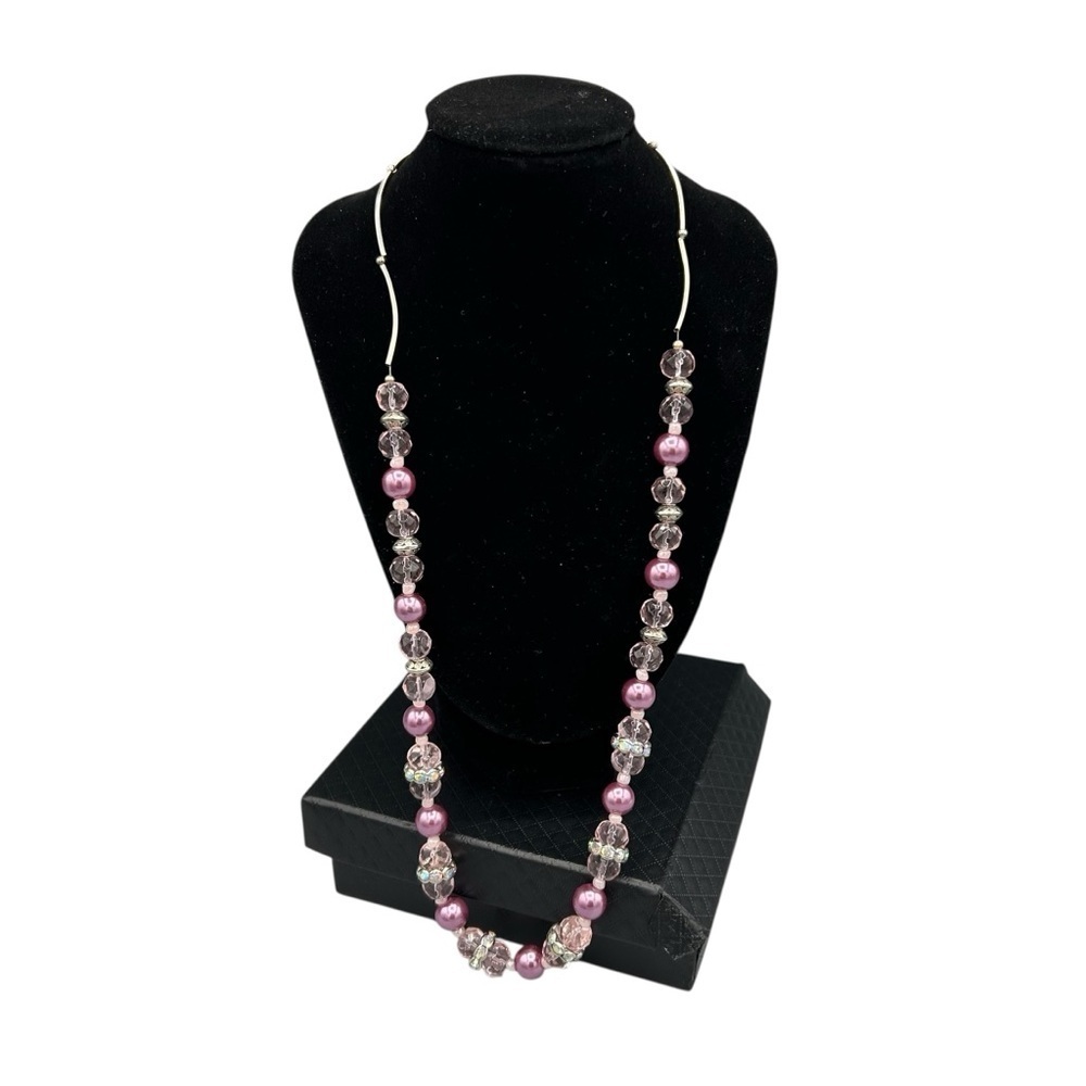 Vintage Pink Beaded Necklace & Earrings Set Glass Pearl Crystal - Picture 4 of 12